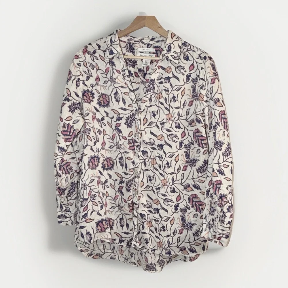 Rachel Zoe Women Linen Button Up Blouse Top Floral Hi-Low Hem Collar Size M - Picture 1 of 3